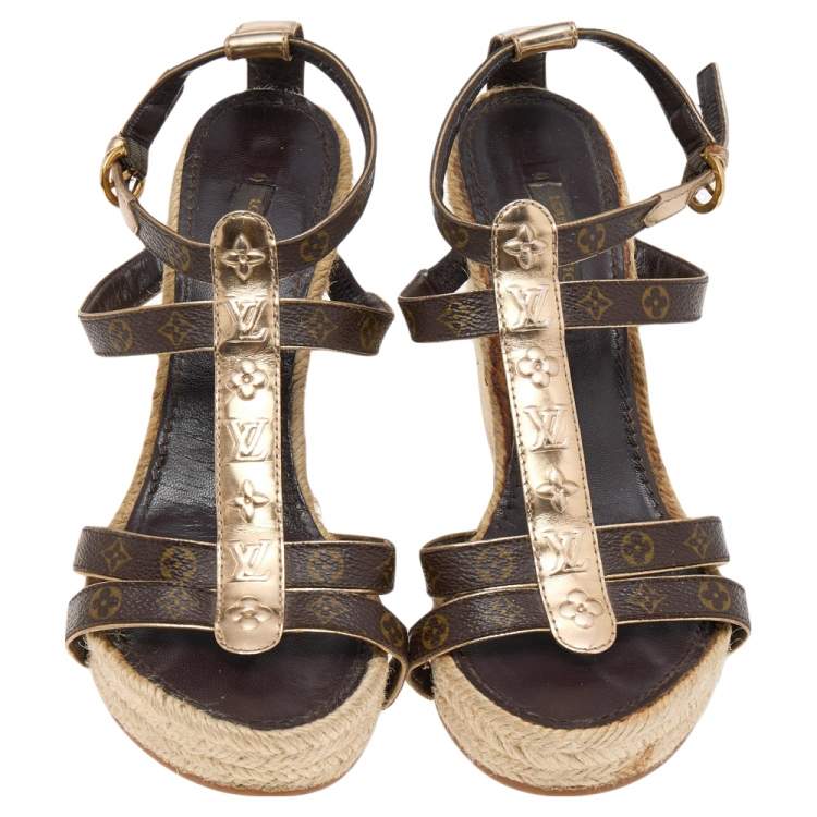 Pre Owned Louis Vuitton Monogram Canvas and Leather Wedge Ankle Strap Sandals Size 37