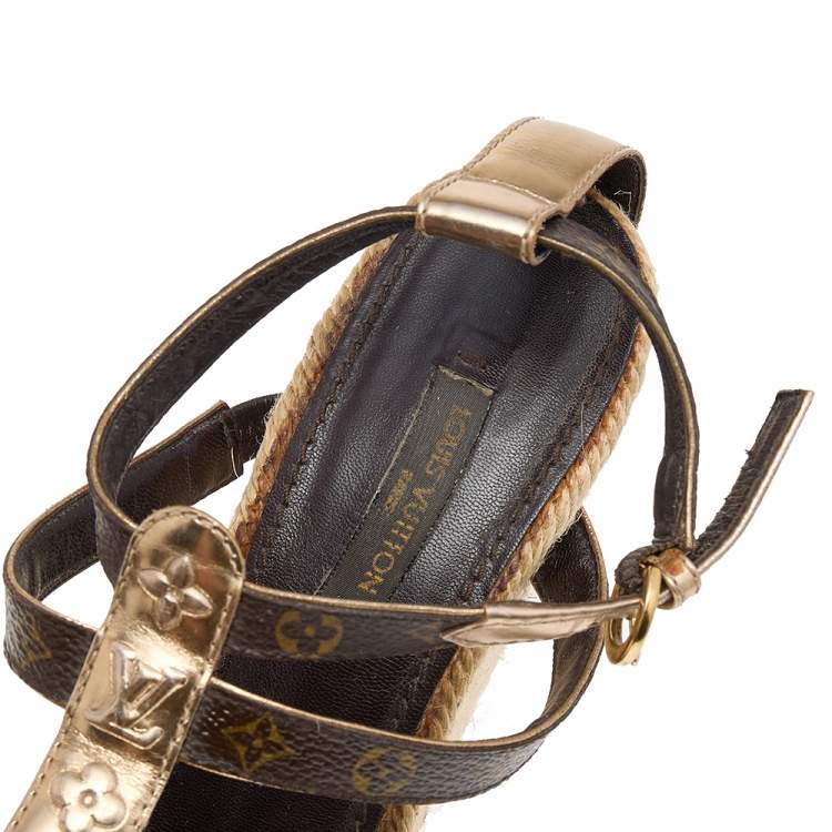 Pre Owned Louis Vuitton Monogram Canvas and Leather Wedge Ankle Strap Sandals Size 37