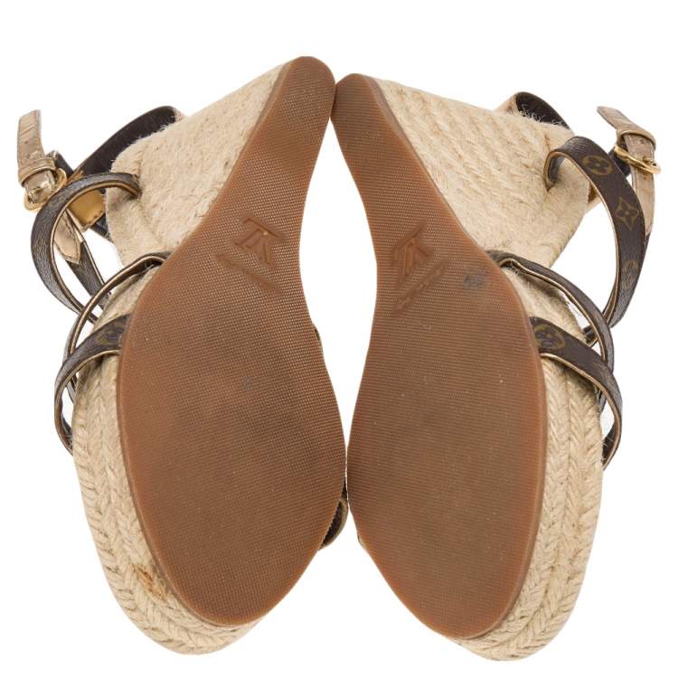 Pre Owned Louis Vuitton Monogram Canvas and Leather Wedge Ankle Strap Sandals Size 37