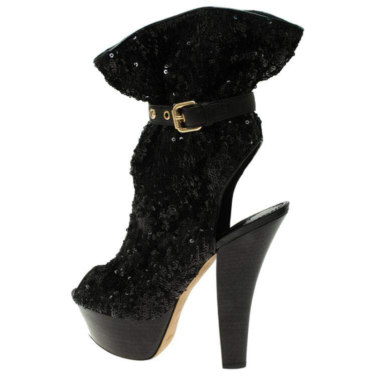Pre Owned Louis Vuitton Black Sequins and Leather Peep Toe Platform Ankle Boots Size 37