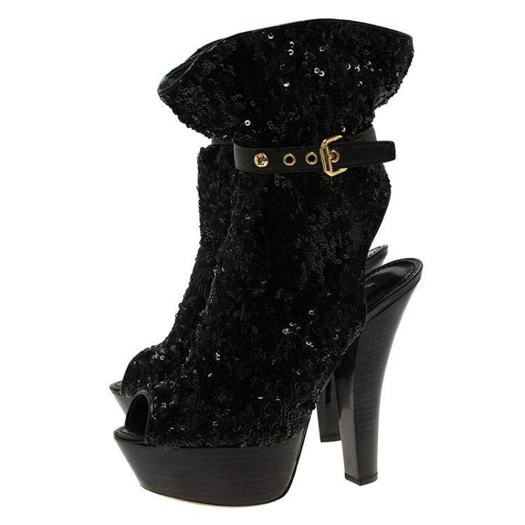Pre Owned Louis Vuitton Black Sequins and Leather Peep Toe Platform Ankle Boots Size 37