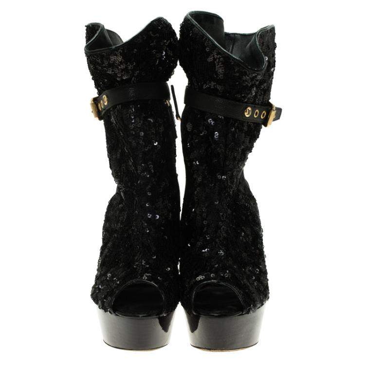 Pre Owned Louis Vuitton Black Sequins and Leather Peep Toe Platform Ankle Boots Size 37