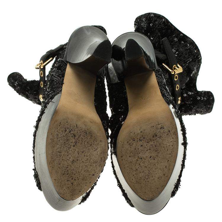 Pre Owned Louis Vuitton Black Sequins and Leather Peep Toe Platform Ankle Boots Size 37