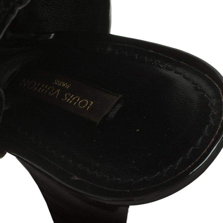 Pre Owned Louis Vuitton Black Sequins and Leather Peep Toe Platform Ankle Boots Size 37