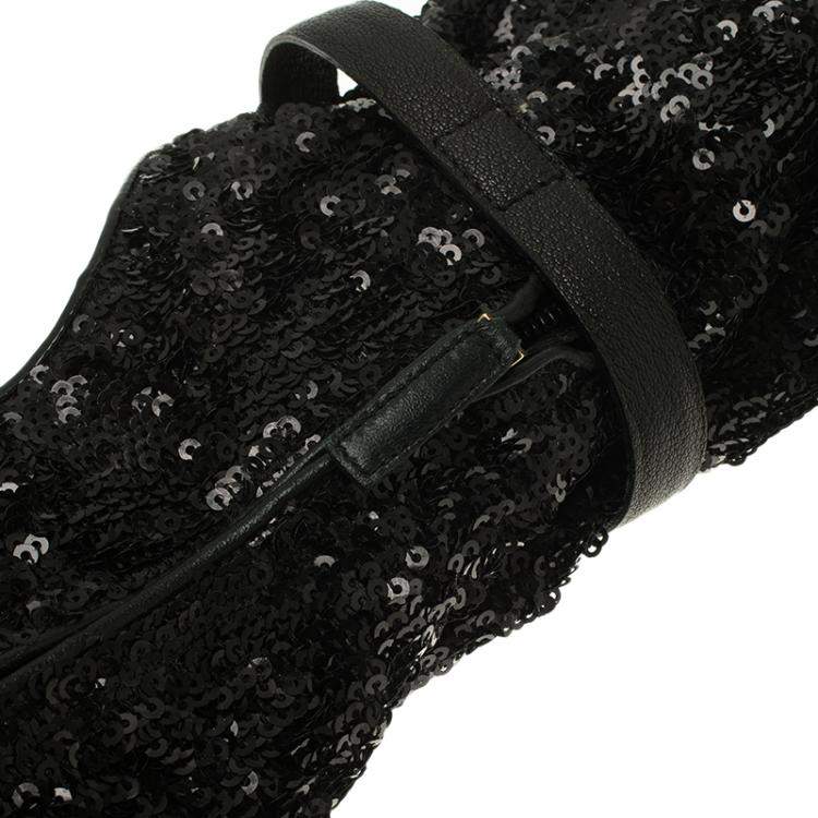 Pre Owned Louis Vuitton Black Sequins and Leather Peep Toe Platform Ankle Boots Size 37