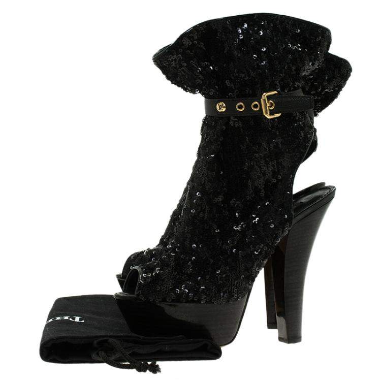 Pre Owned Louis Vuitton Black Sequins and Leather Peep Toe Platform Ankle Boots Size 37