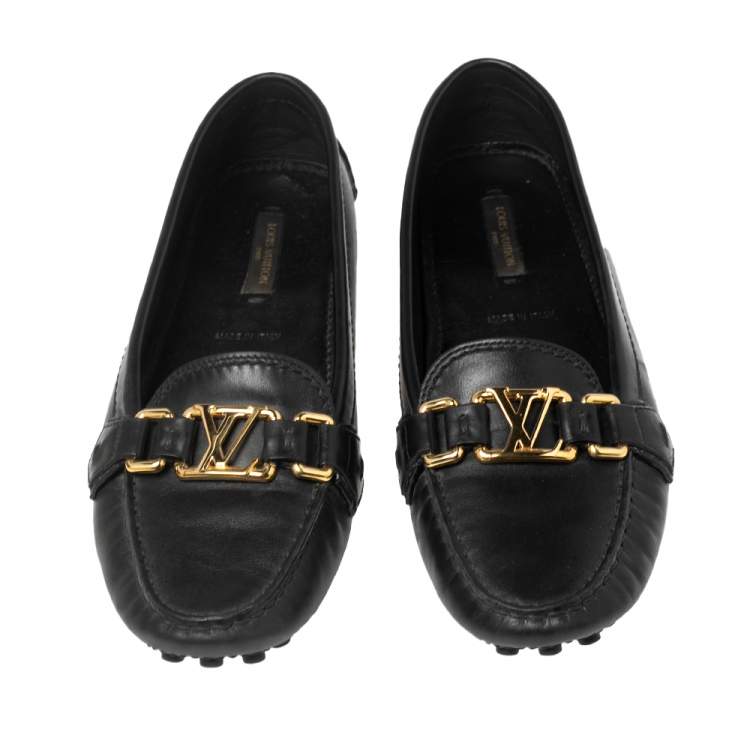 Pre Owned Louis Vuitton Black Leather Oxford Slip-On Loafers Size 37.5