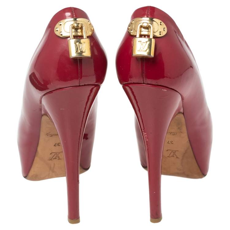 Pre Owned Louis Vuitton Dark Pink Patent Leather Oh Really! Peep-Toe Pumps Size 37