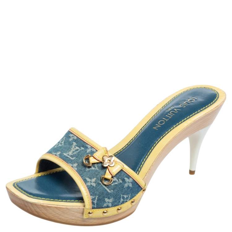 Louis Vuitton Blue Monogram Denim And Leather Bow Slide Sandals Size 41