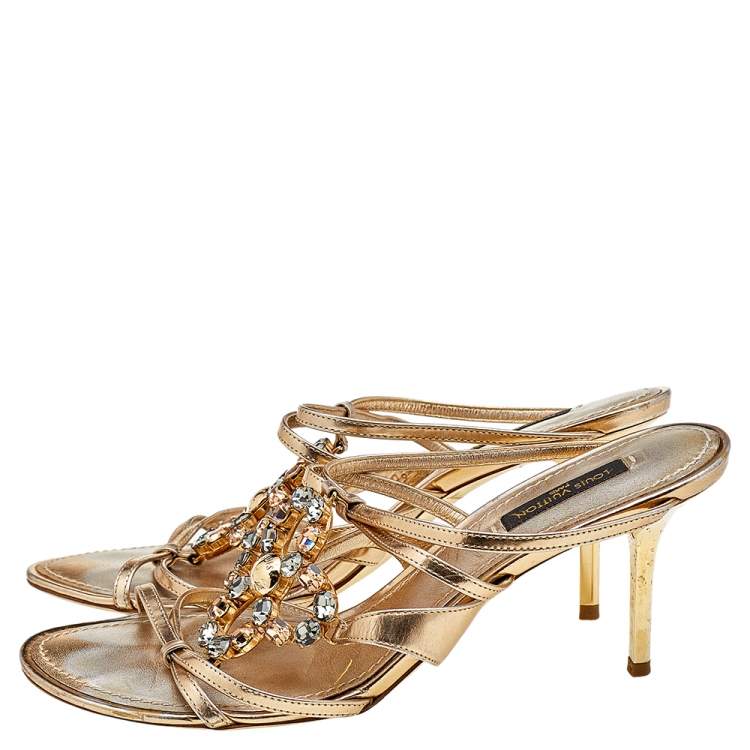 مملوكة مسبقًا Louis Vuitton Metallic Gold Leather Crystal Embellished Slide Sandals Size 38