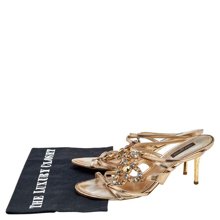 مملوكة مسبقًا Louis Vuitton Metallic Gold Leather Crystal Embellished Slide Sandals Size 38