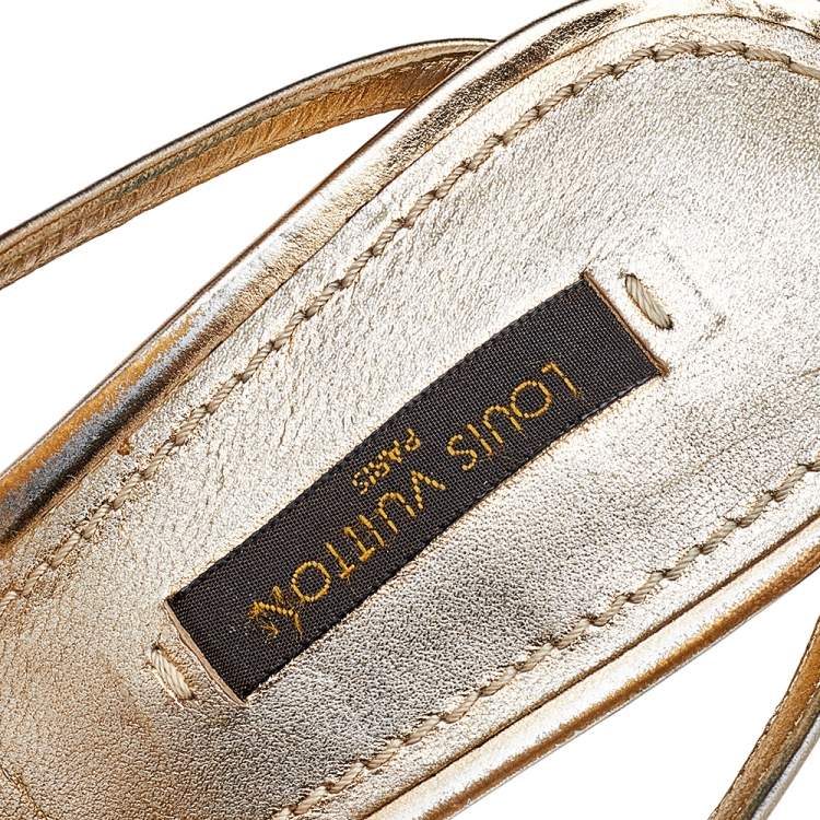 مملوكة مسبقًا Louis Vuitton Metallic Gold Leather Crystal Embellished Slide Sandals Size 38