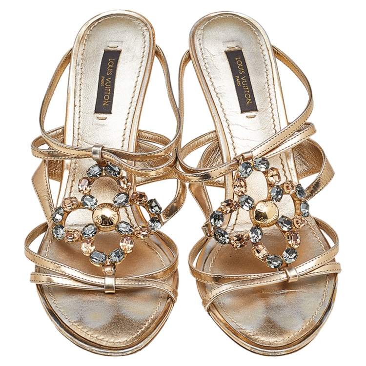 مملوكة مسبقًا Louis Vuitton Metallic Gold Leather Crystal Embellished Slide Sandals Size 38