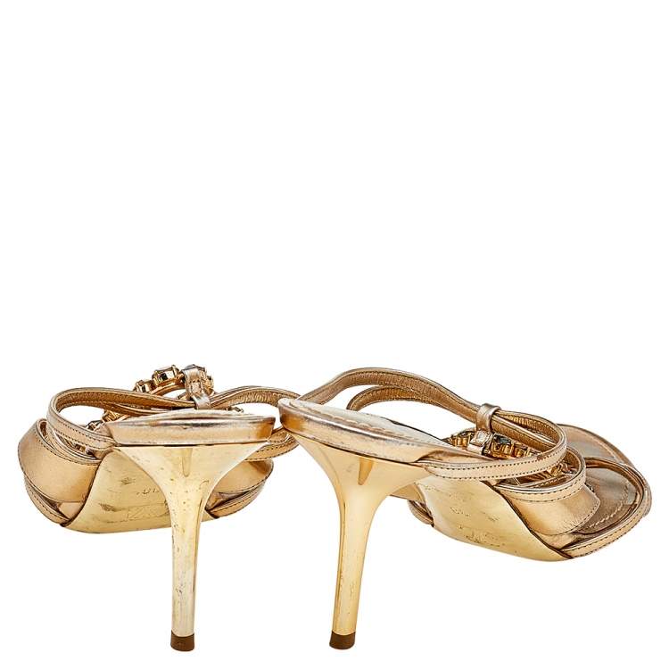 مملوكة مسبقًا Louis Vuitton Metallic Gold Leather Crystal Embellished Slide Sandals Size 38