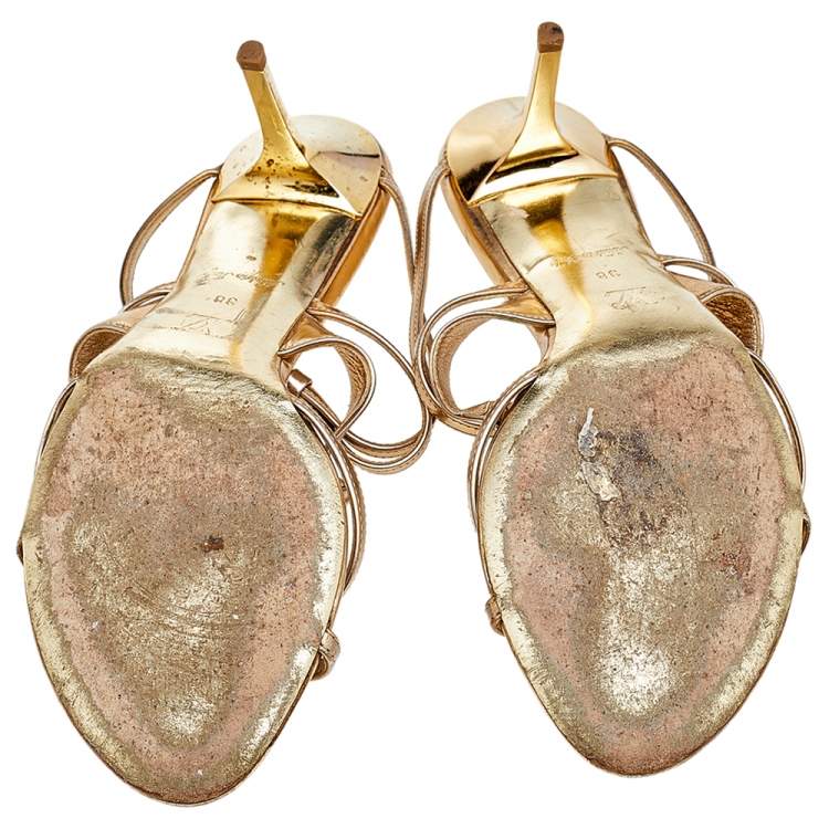مملوكة مسبقًا Louis Vuitton Metallic Gold Leather Crystal Embellished Slide Sandals Size 38