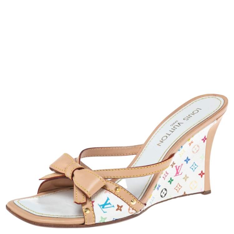 Louis Vuitton White Canvas & Brown Patent Leather Bow Espadrille Wedge  Sandals