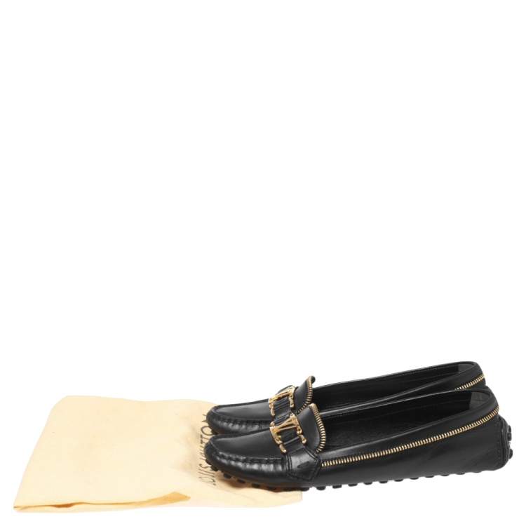 Pre Owned Louis Vuitton Black/Gold Leather Oxford Slip On Loafers Size 38