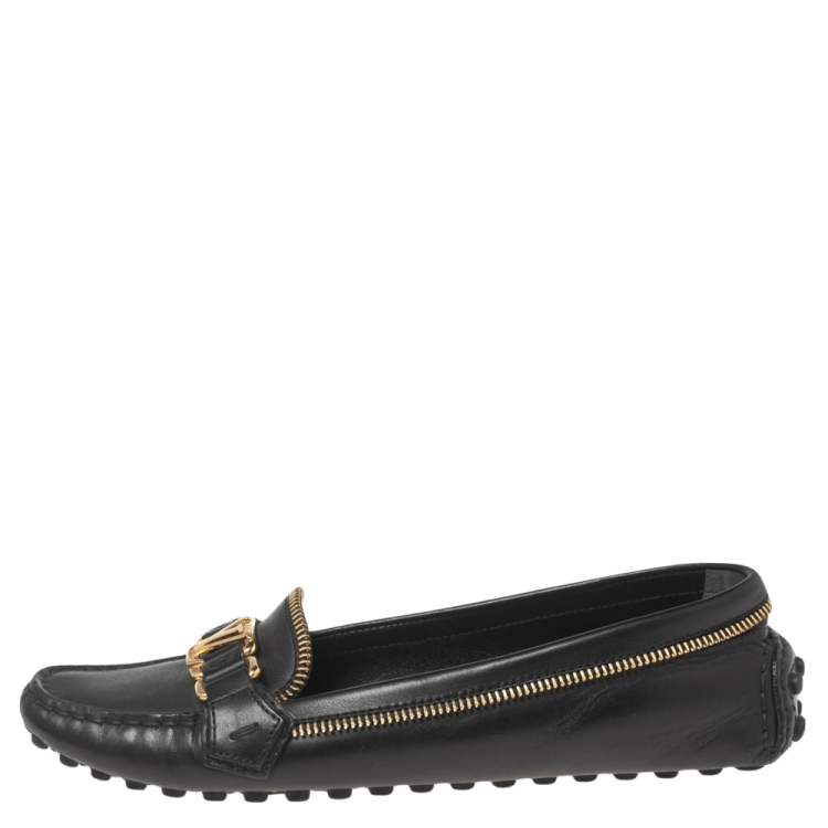 Pre Owned Louis Vuitton Black/Gold Leather Oxford Slip On Loafers Size 38