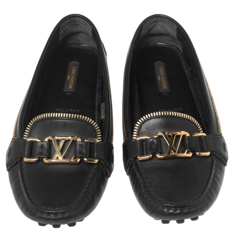 Pre Owned Louis Vuitton Black/Gold Leather Oxford Slip On Loafers Size 38