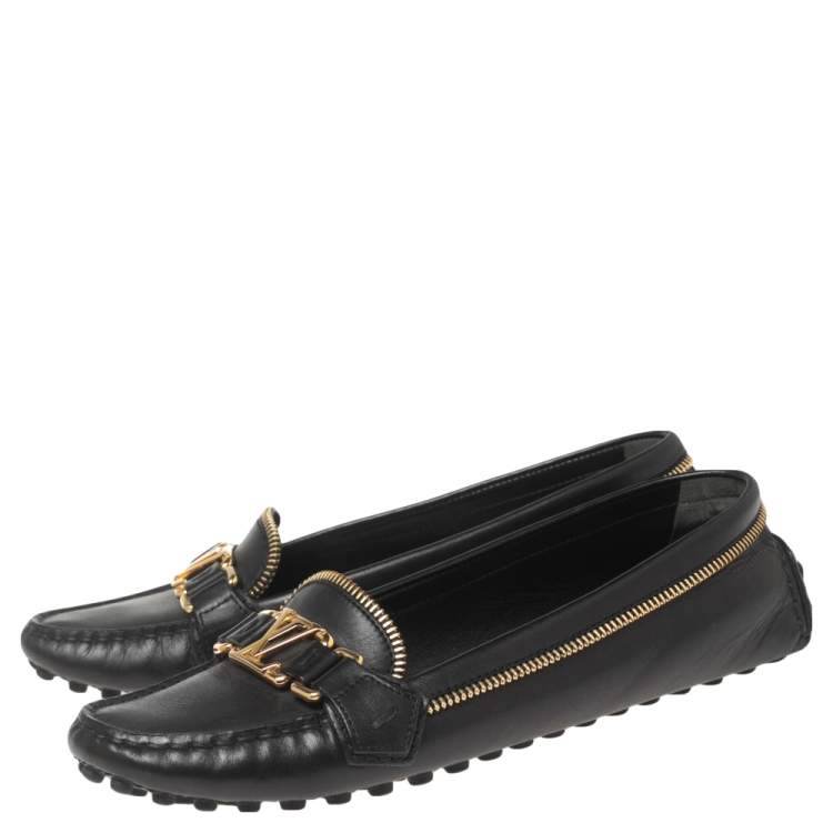 Pre Owned Louis Vuitton Black/Gold Leather Oxford Slip On Loafers Size 38