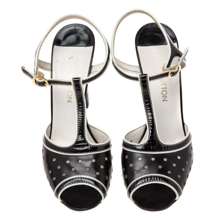 Pre Owned Louis Vuitton Black/White Patent Leather T-strap Sandals Size 39