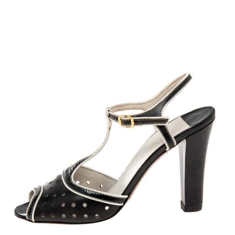 Louis Vuitton Black/White Patent Leather T-strap Sandals Size 39 - ShopStyle