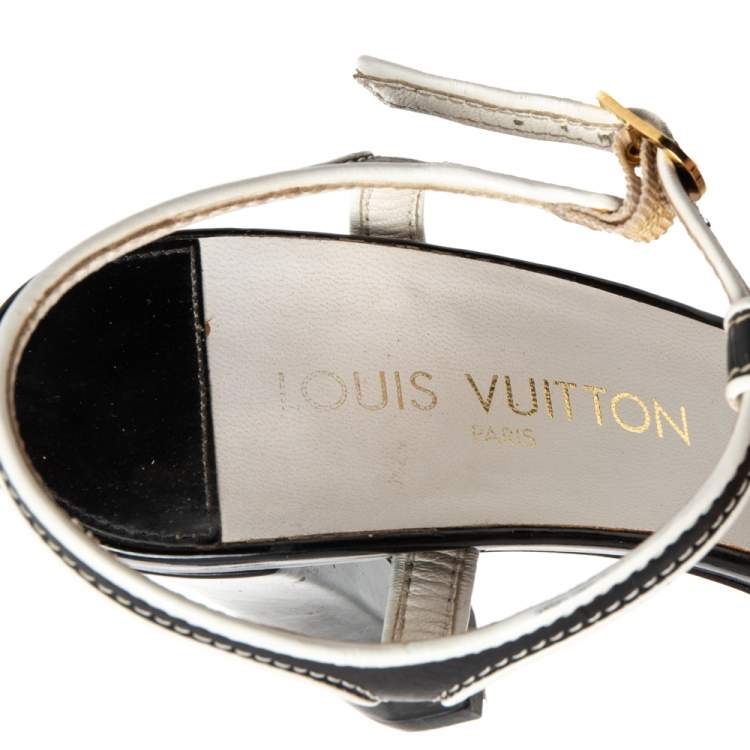 Pre Owned Louis Vuitton Black/White Patent Leather T-strap Sandals Size 39