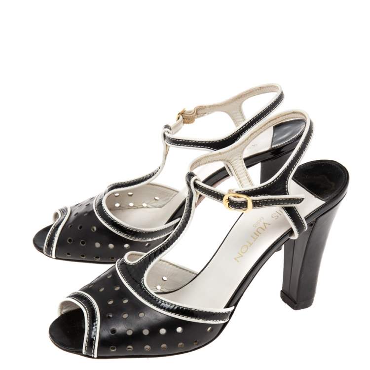 Pre Owned Louis Vuitton Black/White Patent Leather T-strap Sandals Size 39