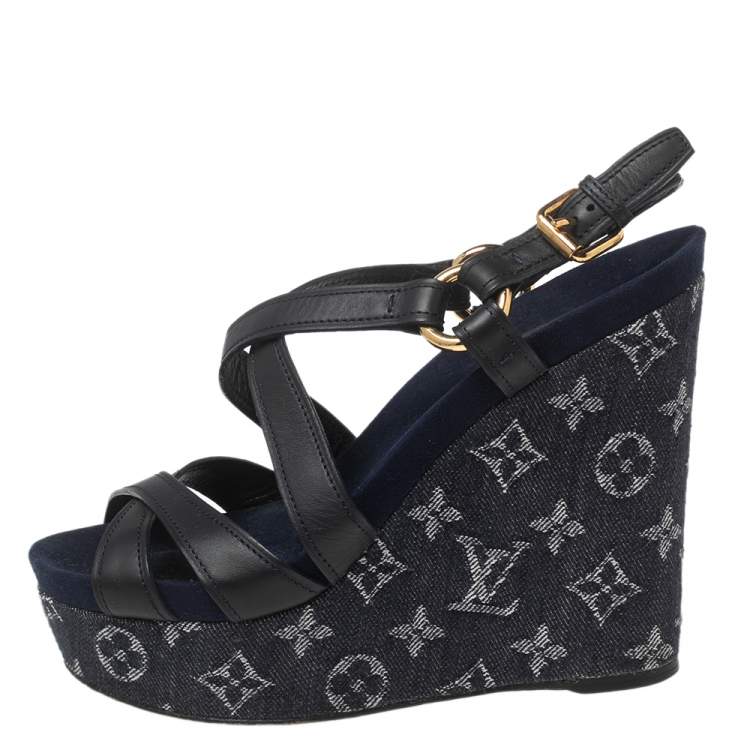 LOUIS VUITTON Monogram Denim Wedges Sandals size 38, Luxury