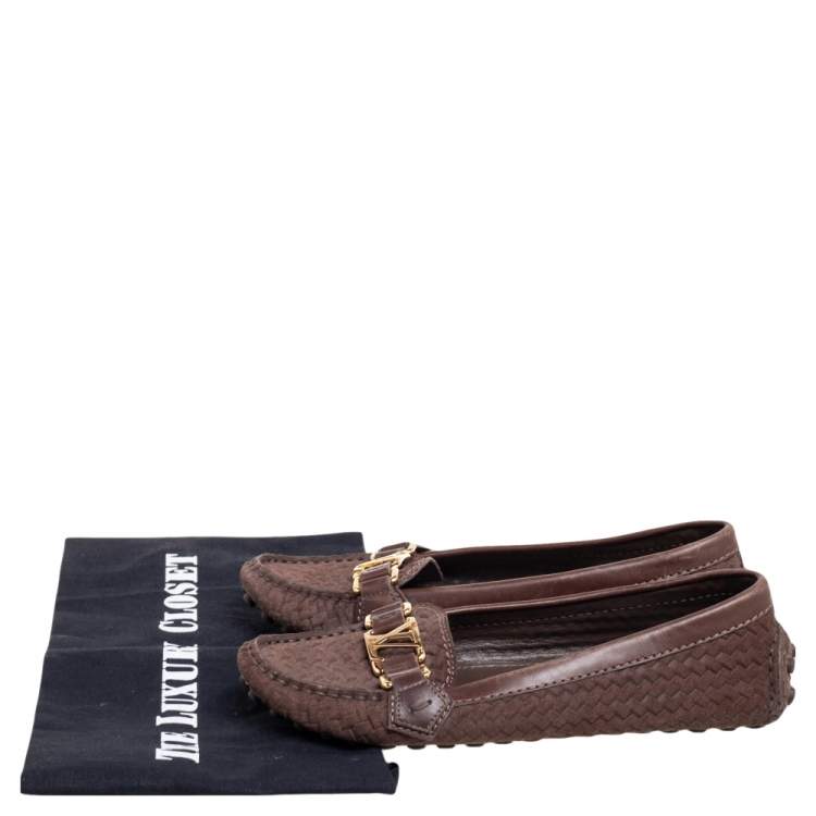 Pre Owned Louis Vuitton Brown Woven Suede and Leather Slip-On Oxford Loafers Size 35.5