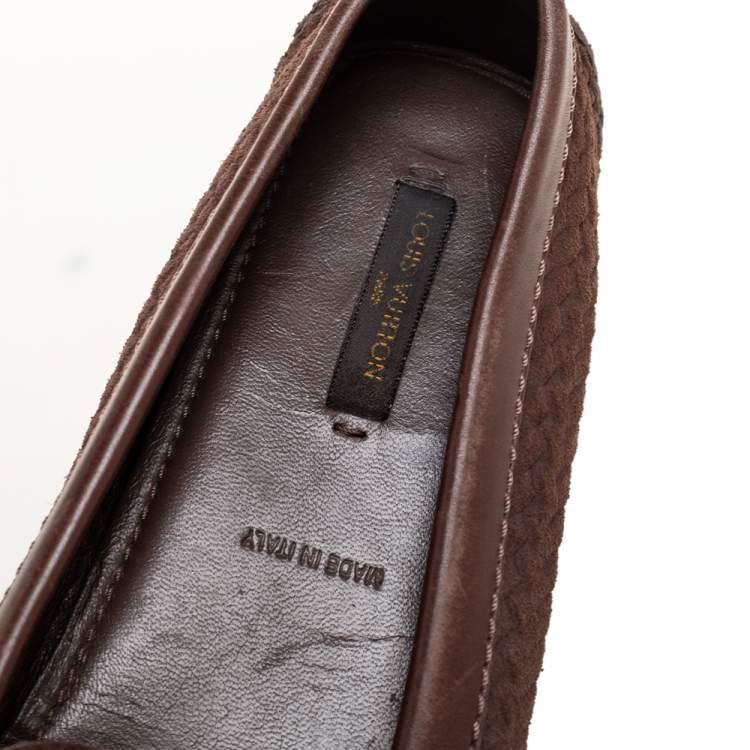 Pre Owned Louis Vuitton Brown Woven Suede and Leather Slip-On Oxford Loafers Size 35.5