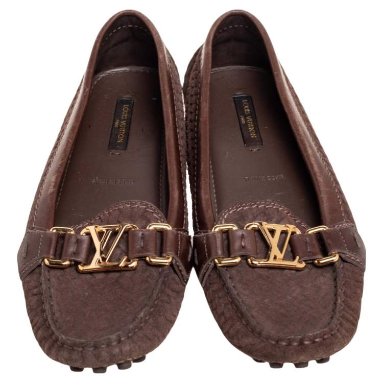 Pre Owned Louis Vuitton Brown Woven Suede and Leather Slip-On Oxford Loafers Size 35.5