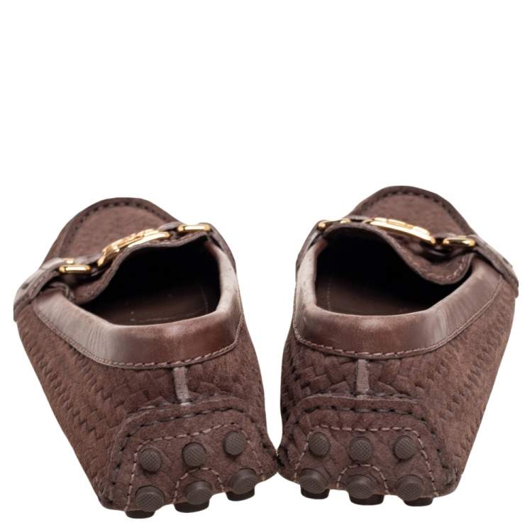 Pre Owned Louis Vuitton Brown Woven Suede and Leather Slip-On Oxford Loafers Size 35.5