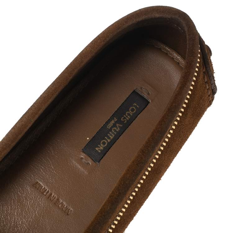 Pre Owned Louis Vuitton Brown Suede Zipper Detail Logo Buckle Loafers Size 38