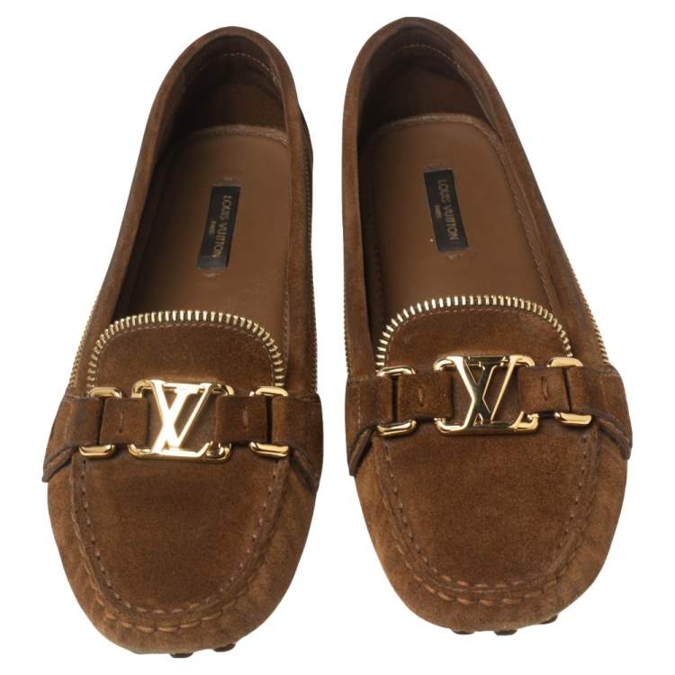 Pre Owned Louis Vuitton Brown Suede Zipper Detail Logo Buckle Loafers Size 38