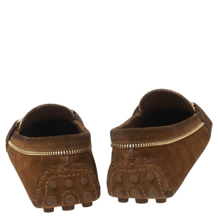 Pre Owned Louis Vuitton Brown Suede Zipper Detail Logo Buckle Loafers Size 38