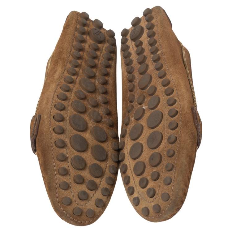 Pre Owned Louis Vuitton Brown Suede Zipper Detail Logo Buckle Loafers Size 38