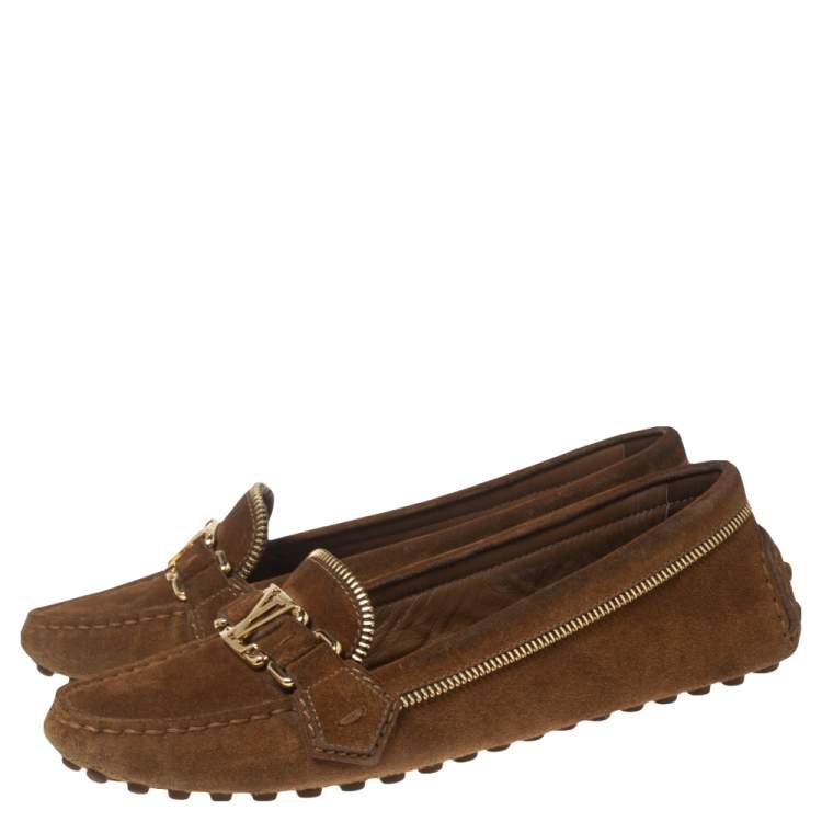 Pre Owned Louis Vuitton Brown Suede Zipper Detail Logo Buckle Loafers Size 38