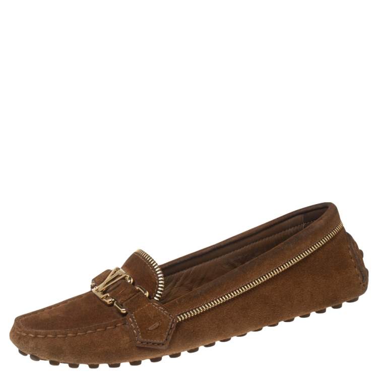 Pre Owned Louis Vuitton Brown Suede Zipper Detail Logo Buckle Loafers Size 38