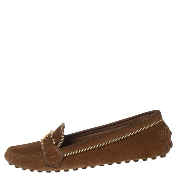 Pre Owned Louis Vuitton Brown Suede Zipper Detail Logo Buckle Loafers Size 38