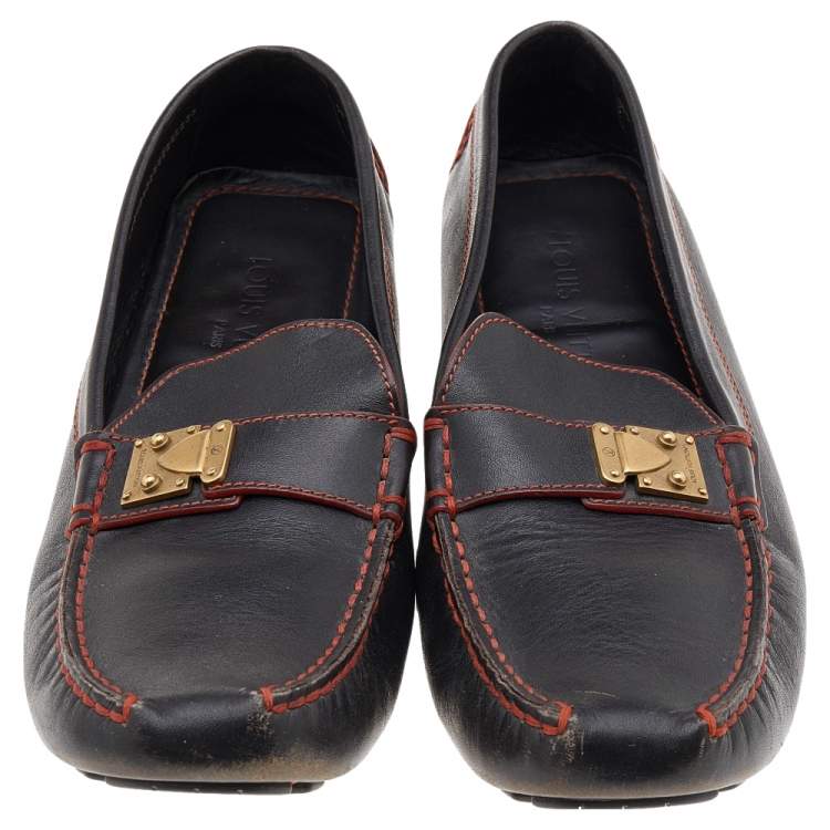 Pre Owned Louis Vuitton Brown Leather S Lock Slip On Loafers Size 39