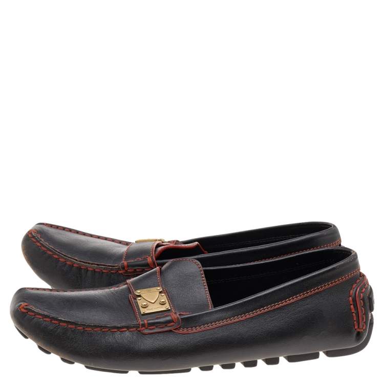 Pre Owned Louis Vuitton Brown Leather S Lock Slip On Loafers Size 39