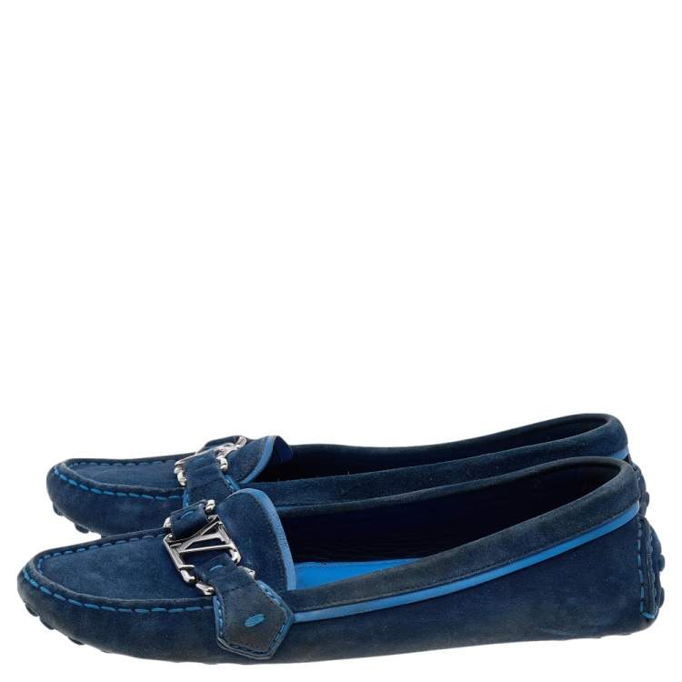 Pre Owned Louis Vuitton Blue Suede Slip on Loafers Size 38
