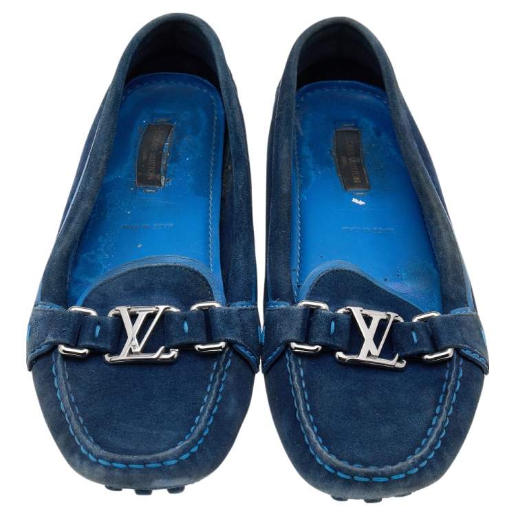 Pre Owned Louis Vuitton Blue Suede Slip on Loafers Size 38
