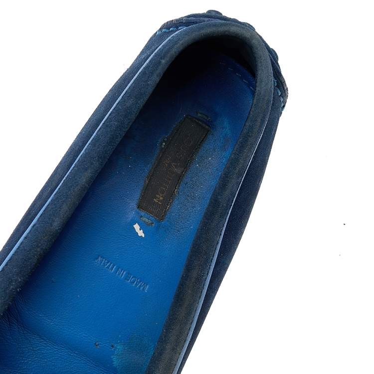 Pre Owned Louis Vuitton Blue Suede Slip on Loafers Size 38