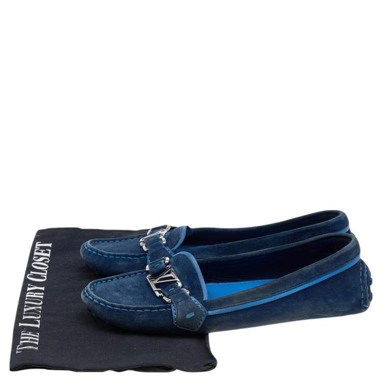 Pre Owned Louis Vuitton Blue Suede Slip on Loafers Size 38
