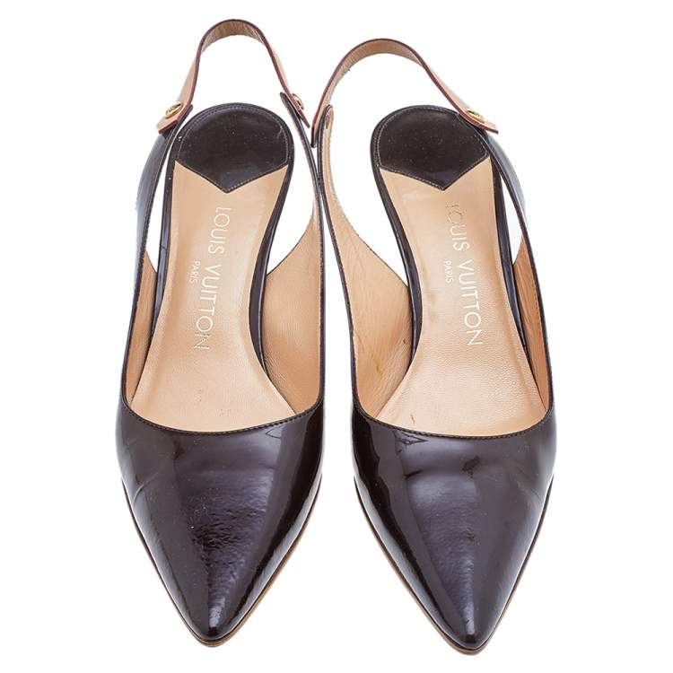 Pre Owned Louis Vuitton Brown Patent Leather Pointed Toe Slingback Sandals Size 39