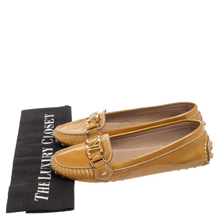 Pre Owned Louis Vuitton Olive Green Patent Leather Logo Loafers Size 36