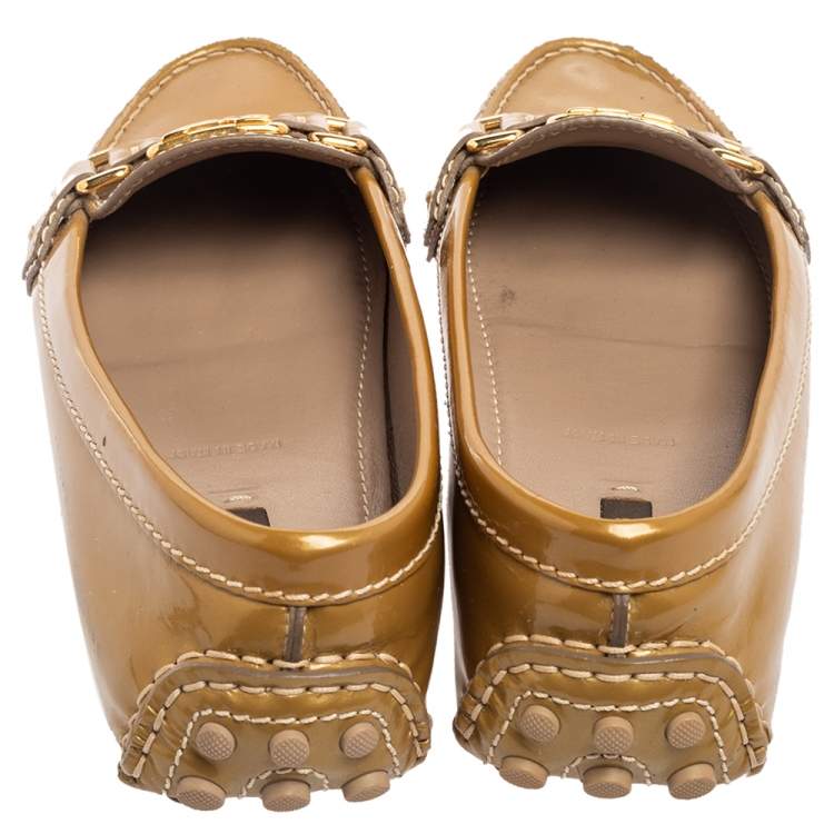 Pre Owned Louis Vuitton Olive Green Patent Leather Logo Loafers Size 36