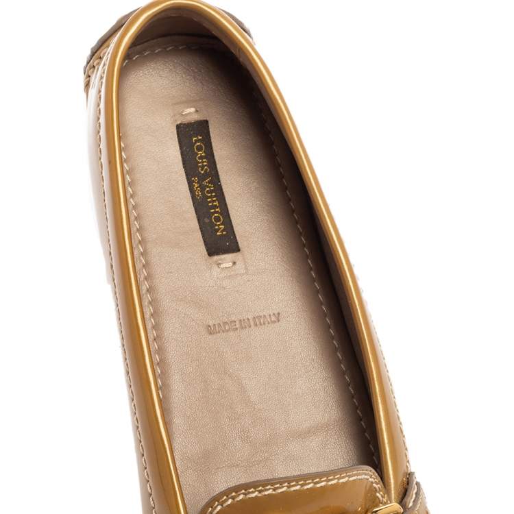 Pre Owned Louis Vuitton Olive Green Patent Leather Logo Loafers Size 36